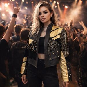 Vintage Julian K Black & Gold Studded Patchwork Leather Jacket – Statement Piece